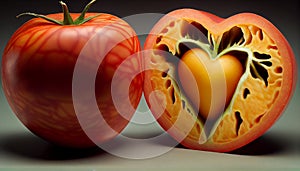 AI recreation artistic of red tomato cut half with heart shape