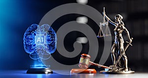 AI Regulation and Justice. Legal and Technology concept. Hologram of the Brain and Statue of Goddess Themis: Symbols of