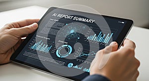 AI Report Summary Displayed on Tablet Screen with Graphs and Data Visualizations