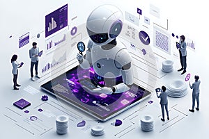 Ai robot analyzing business data with team