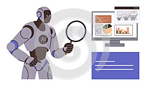 AI Robot Analyzing Data on Computer Screen Using Magnifying Glass