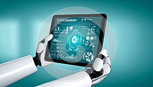 AI Robot Analyzing Data on a Digital Tablet