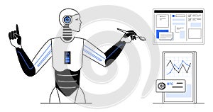 AI Robot Analyzing Data with Digital Tools and Cryptocurrency Insights