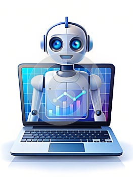 AI robot analyzing data on laptop screen, progress shown