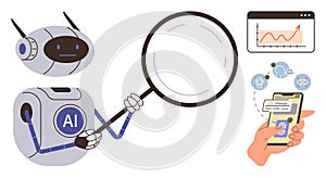 AI Robot Analyzing Data with Magnifying Glass and Mobile Communication