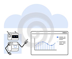 AI Robot Analyzing Data on a Screen with Cloud Computing Background