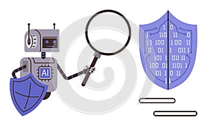 AI robot analyzing digital shield with magnifying glass for cybersecurity and data protection