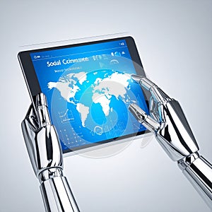 AI Robot Analyzing Global Data on a Digital Tablet
