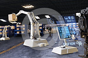 AI Robot arm Object for manufacturing industry technology Product export and import of future Robot cyber in the warehouse by hand