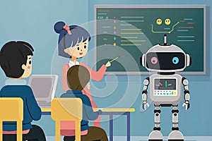 AI Robot as a teacher is teaching student in classroom instead of a Teacher, For Futuristic Education concept.