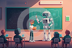 AI Robot as a teacher is teaching student in classroom instead of a Teacher, For Futuristic Education concept.