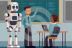 AI Robot as a teacher is teaching student in classroom instead of a Teacher, For Futuristic Education concept.
