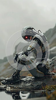 AI a robot brooding about existence