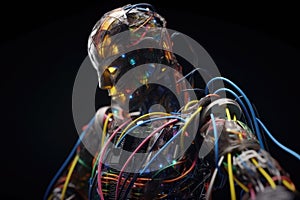 An AI robot almost completely wrapped in brightly coloured fibre optic cable created with generative AI technology