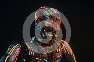 An AI robot almost completely wrapped in brightly coloured fibre optic cable created with generative AI technology