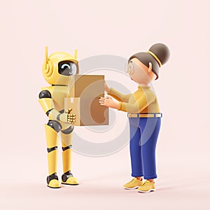 AI robot courier giving boxes to cartoon woman