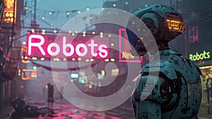 AI robot in cyberpunk city at night, gloomy dark street with neon signs and smog. Theme of technology, dystopia, industry and