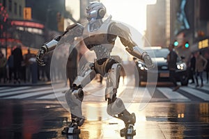 An AI robot dancing in a busy street for some money created with generative AI technology