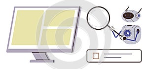 Robot with Magnifying Glass Analyzing Data on Screen for Artificial Intelligence Search Optimization