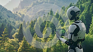 AI robot in the forest analyzing forest growth data. World Environment Day concept, banner with copy space