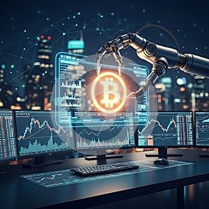 AI Robot Hand Grasping Bitcoin in Trading Hub