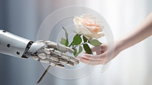 AI robot hand holding rose flower and giving to woman human hand, artificial intelligence machine with human and love. Science