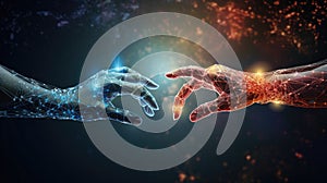 AI, robot hand and human handshake in big data network connection, data exchange, science and technology artificial intelligence,