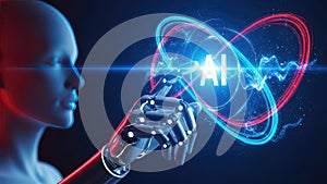 AI Robot Hand Touching Digital Interface with Artificial Intelligence Text