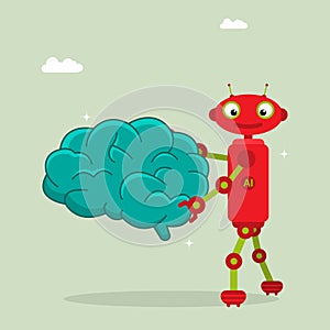 Ai robot holding brain, artificial intelligence enhance thinking concept.