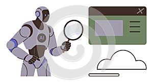 AI Robot Analyzing Data with Magnifying Glass and Cloud Interface