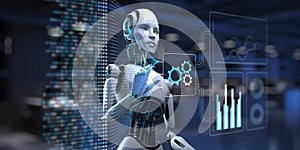 AI Robot Interacting with Binary Code, Big Data, and Data Analytics for Business and Technology Concept. 3d render
