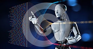 AI Robot Interacting with Binary Code, Big Data, and Data Analytics for Business and Technology Concept. 3d render