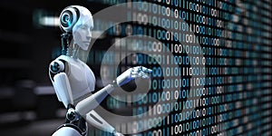 AI Robot Interacting with Binary Code, Big Data, and Data Analytics for Business and Technology Concept. 3d render