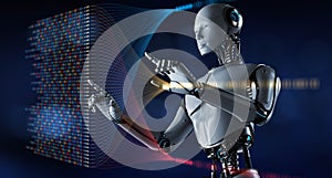 AI Robot Interacting with Binary Code, Big Data, and Data Analytics for Business and Technology Concept. 3d render