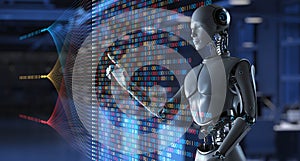 AI Robot Interacting with Binary Code, Big Data, and Data Analytics for Business and Technology Concept. 3d render