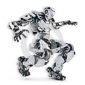 AI robot in motion, showcasing its agility and cutting-edge technology. Isolated on white, shadow added for 3d effect.