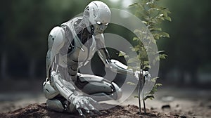 AI robot planting a tree, ecology, technology, humanoid, go green, Generative AI