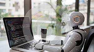 AI Robot Programming on Laptop in Modern Office Environment. Futuristic technology at work. A humanoid robot typing code