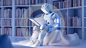 AI robot reading book in library. Artificial intelligence, Machine learning, Innovation, futuristic technology concept. Generative