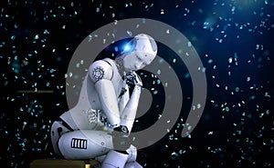 Ai robot sit down and think or compute like thinker man photo
