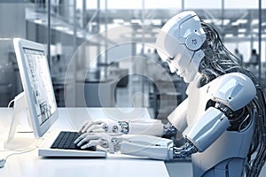 AI Robot sitting on a desk, working and typing, using a desktop computer