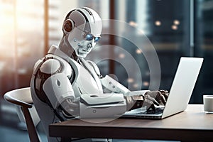 AI Robot sitting on a desk, working and typing, using a laptop