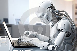AI Robot sitting on a desk, working and typing, using a laptop