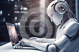 AI Robot sitting on a desk, working and typing, using a laptop photo