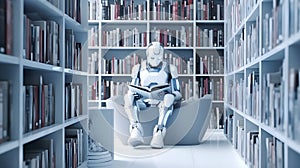 AI robot sitting and reading book in library. Artificial intelligence, Machine learning, Innovation, Disruptive technology concept