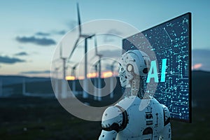 AI robot standing in front of a computer screen, many wind generators in the background