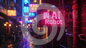 AI Robot store or workshop on cyberpunk city street at night, neon signs on dark grungy alley with blue and red light in rain.