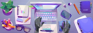 Ai robot typing in office desktop top view vector