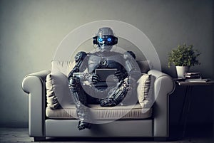 AI robot uses digital tablet sitting on couch in comfort at home, generative AI