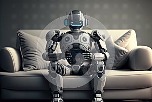 AI robot uses mobile phone sitting on couch in house room, generative AI